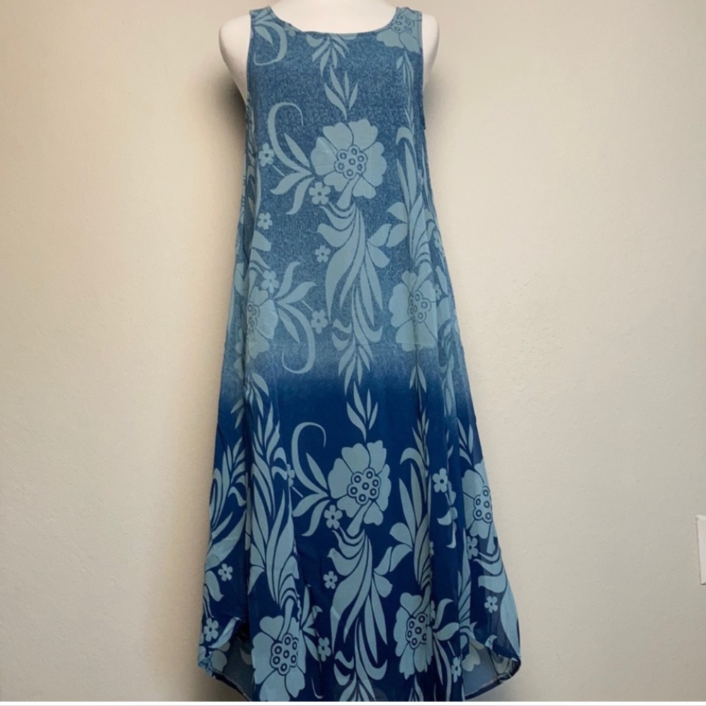Blue Sleeveless Scoop Neck Hawaiian Floral Sundress by Fisoul